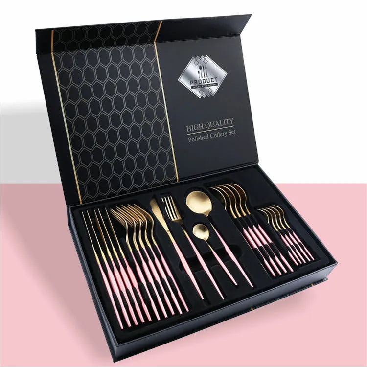 24-piece stainless steel knife fork spoon set in a gift box, showing colour options like black gold and silver