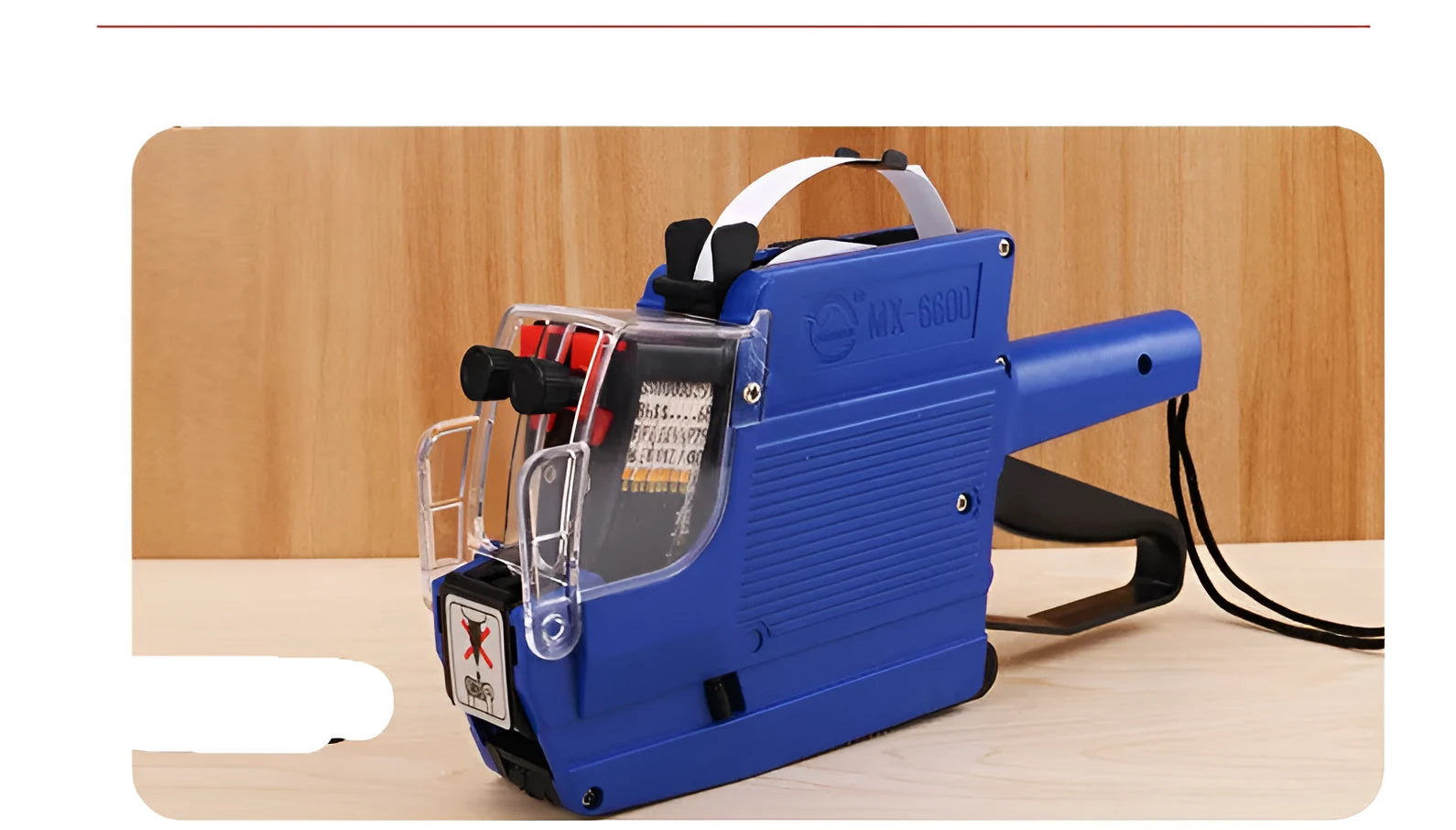Handheld manual price coding machine in blue, red, or yellow with paper rolls.