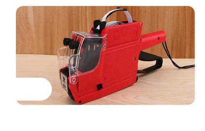 Handheld manual price coding machine in blue, red, or yellow with paper rolls.