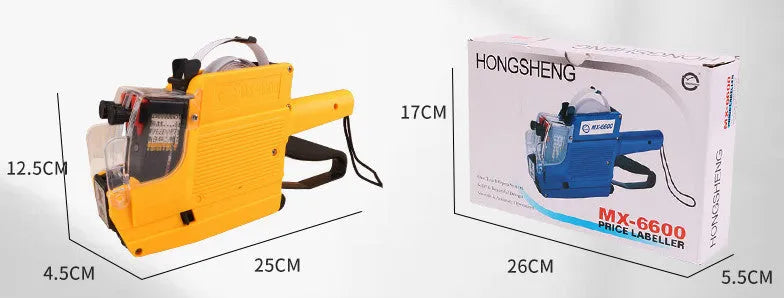 Handheld manual price coding machine in blue, red, or yellow with paper rolls.