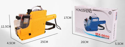 Handheld manual price coding machine in blue, red, or yellow with paper rolls.