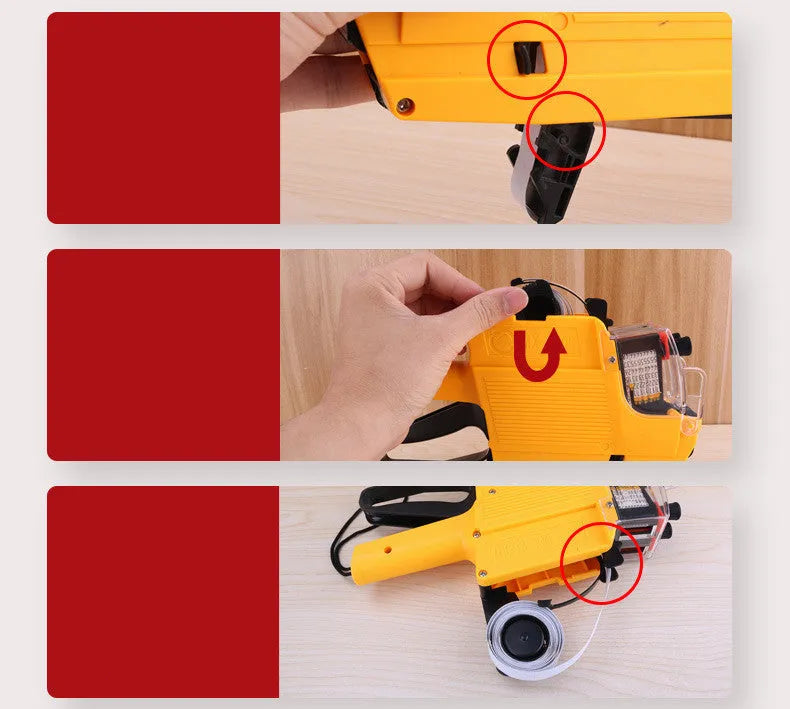 Handheld manual price coding machine in blue, red, or yellow with paper rolls.