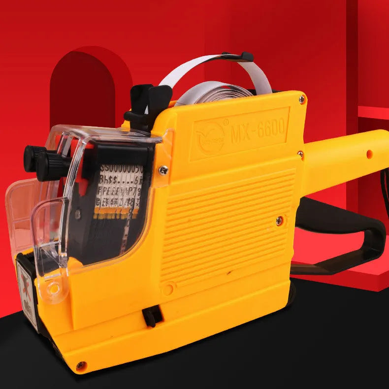 Handheld manual price coding machine in blue, red, or yellow with paper rolls.