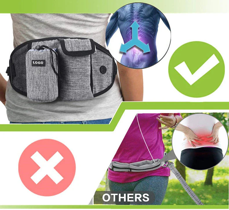 Hands-Free Dog Walking Waist Bag with Adjustable Belt, Drawstring Closure, and Mesh Pockets for Outdoor Adventures