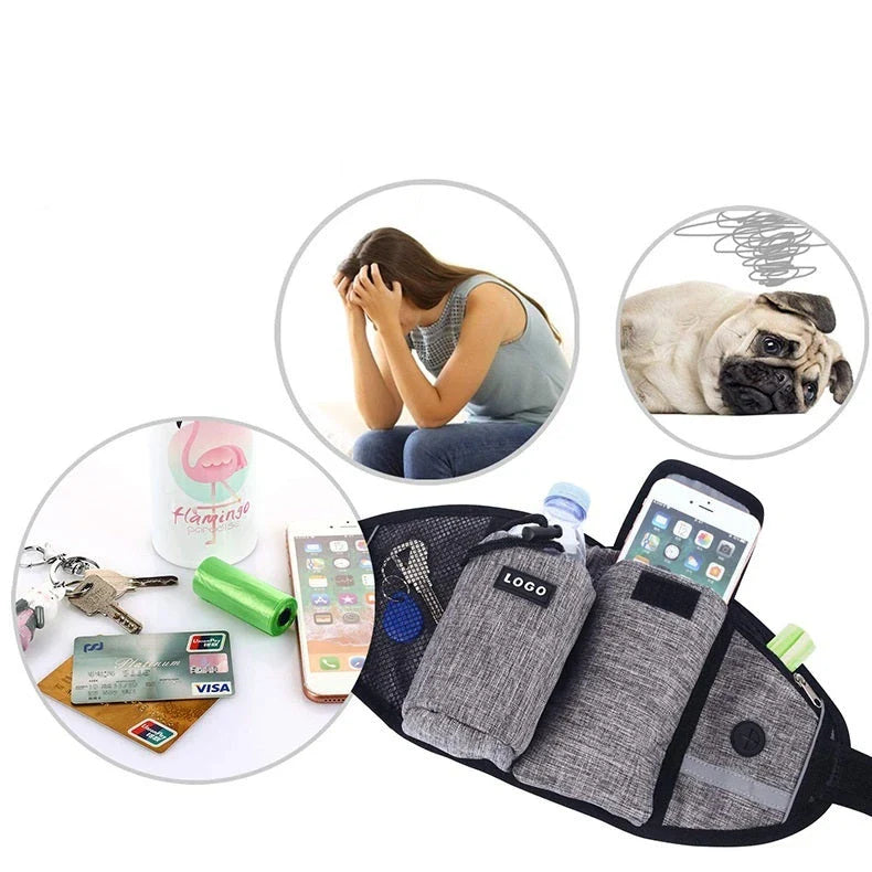Hands-Free Dog Walking Waist Bag with Adjustable Belt, Drawstring Closure, and Mesh Pockets for Outdoor Adventures