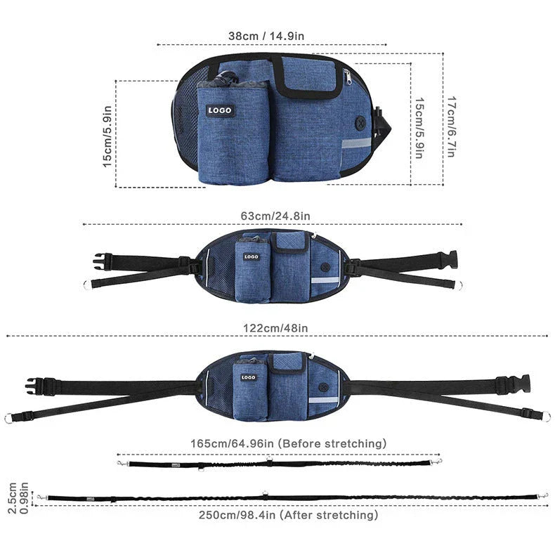 Hands-Free Dog Walking Waist Bag with Adjustable Belt, Drawstring Closure, and Mesh Pockets for Outdoor Adventures
