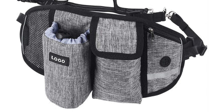 Hands-Free Dog Walking Waist Bag with Adjustable Belt, Drawstring Closure, and Mesh Pockets for Outdoor Adventures