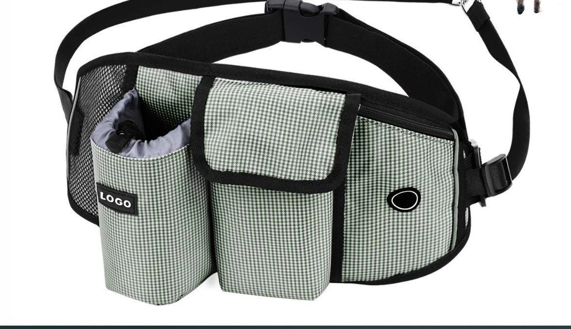 Hands-Free Dog Walking Waist Bag with Adjustable Belt, Drawstring Closure, and Mesh Pockets for Outdoor Adventures