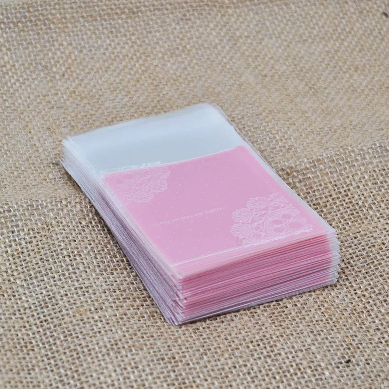 Pink self-adhesive plastic bags for handmade soap packaging with UV printing, 7x7cm size with 3cm flap