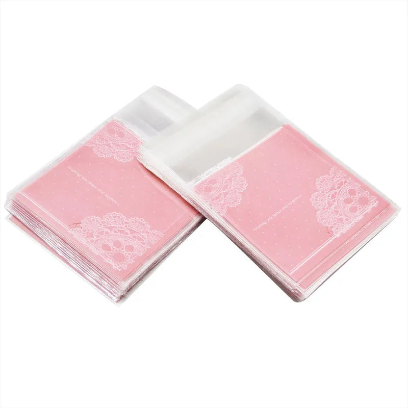 Pink self-adhesive plastic bags for handmade soap packaging with UV printing, 7x7cm size with 3cm flap