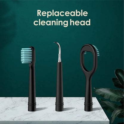 Black household dental scaler with three gear settings and multiple cleaning heads including toothbrush attachment