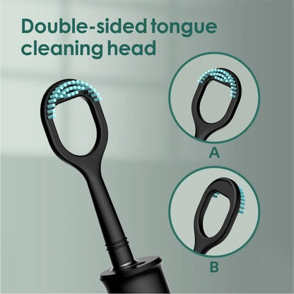Black household dental scaler with three gear settings and multiple cleaning heads including toothbrush attachment