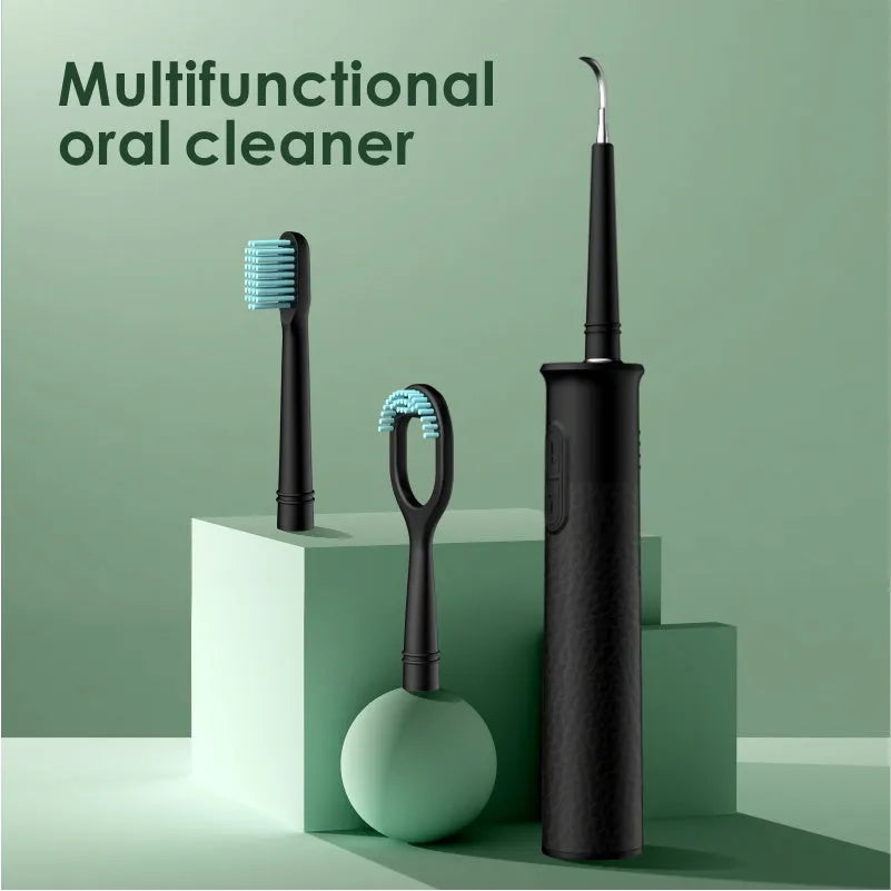 Black household dental scaler with three gear settings and multiple cleaning heads including toothbrush attachment