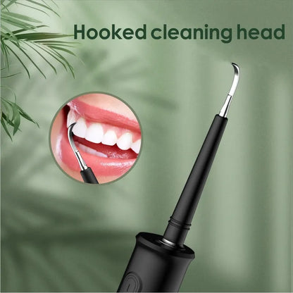 Black household dental scaler with three gear settings and multiple cleaning heads including toothbrush attachment