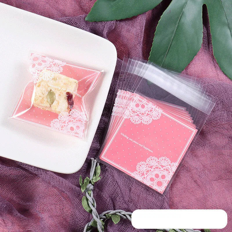 Pink self-adhesive plastic bags for handmade soap packaging with UV printing, 7x7cm size with 3cm flap