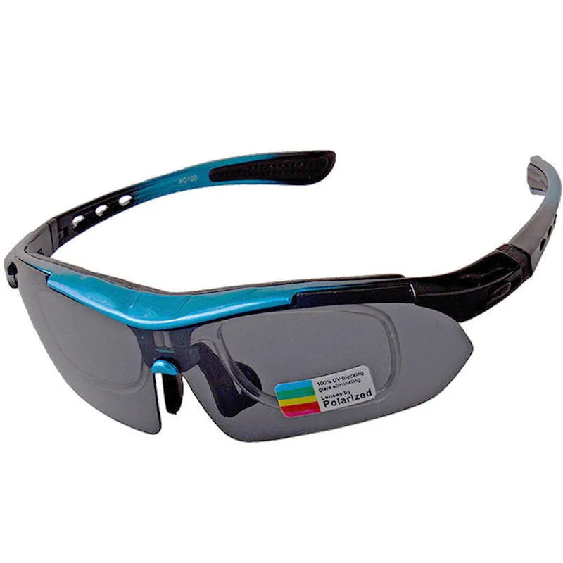 Polarized sports sunglasses with semi-frame PC build, unisex design, adjustable nose support, and removable lens legs.