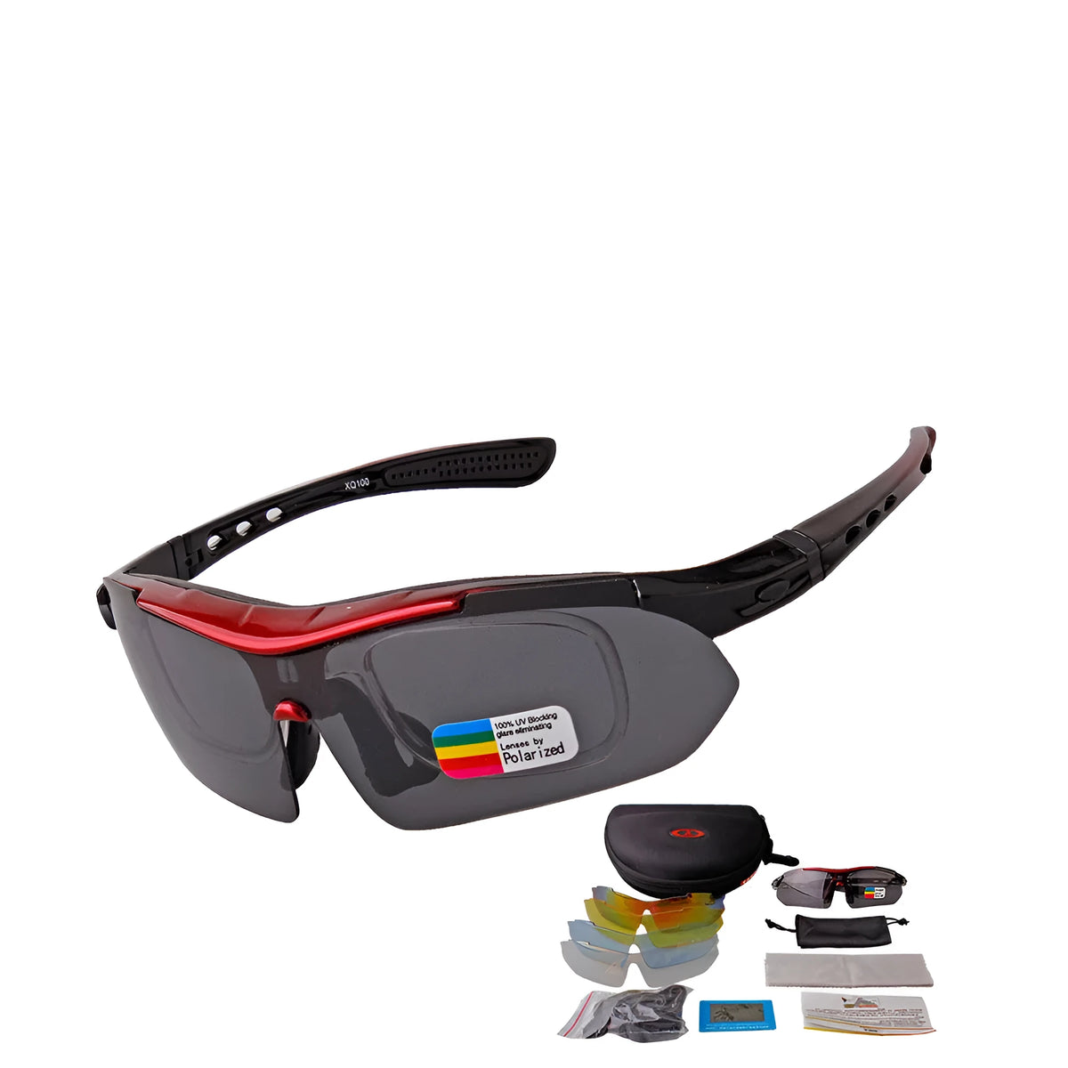 Polarized sports sunglasses with semi-frame PC build, unisex design, adjustable nose support, and removable lens legs.