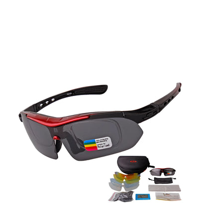 Polarized sports sunglasses with semi-frame PC build, unisex design, adjustable nose support, and removable lens legs.