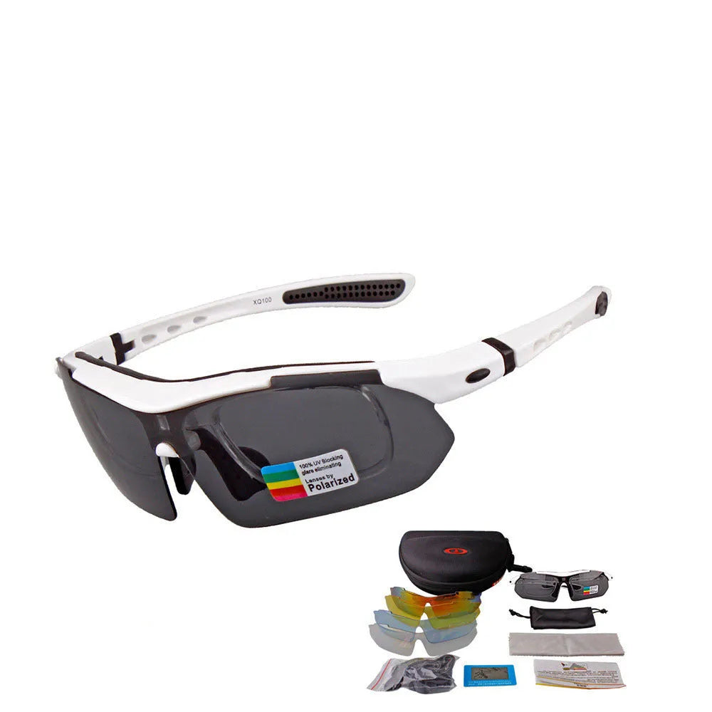 Polarized sports sunglasses with semi-frame PC build, unisex design, adjustable nose support, and removable lens legs.