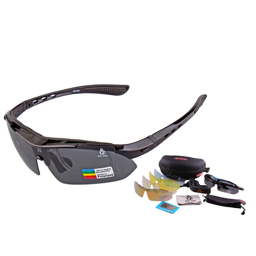 Polarized sports sunglasses with semi-frame PC build, unisex design, adjustable nose support, and removable lens legs.