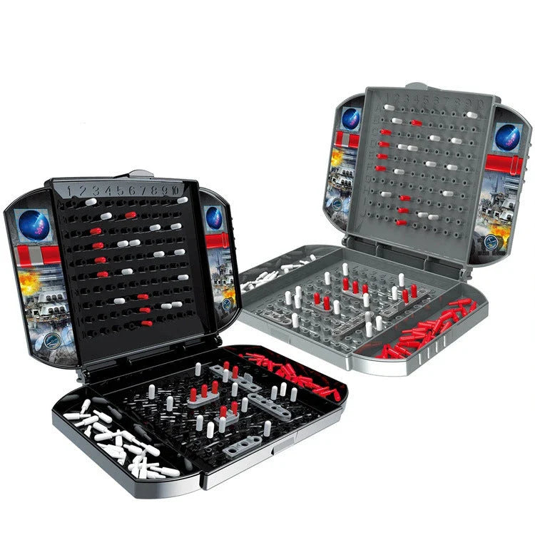 Two-player tabletop naval battle game with hidden ships, grid board, and coordinate calling gameplay