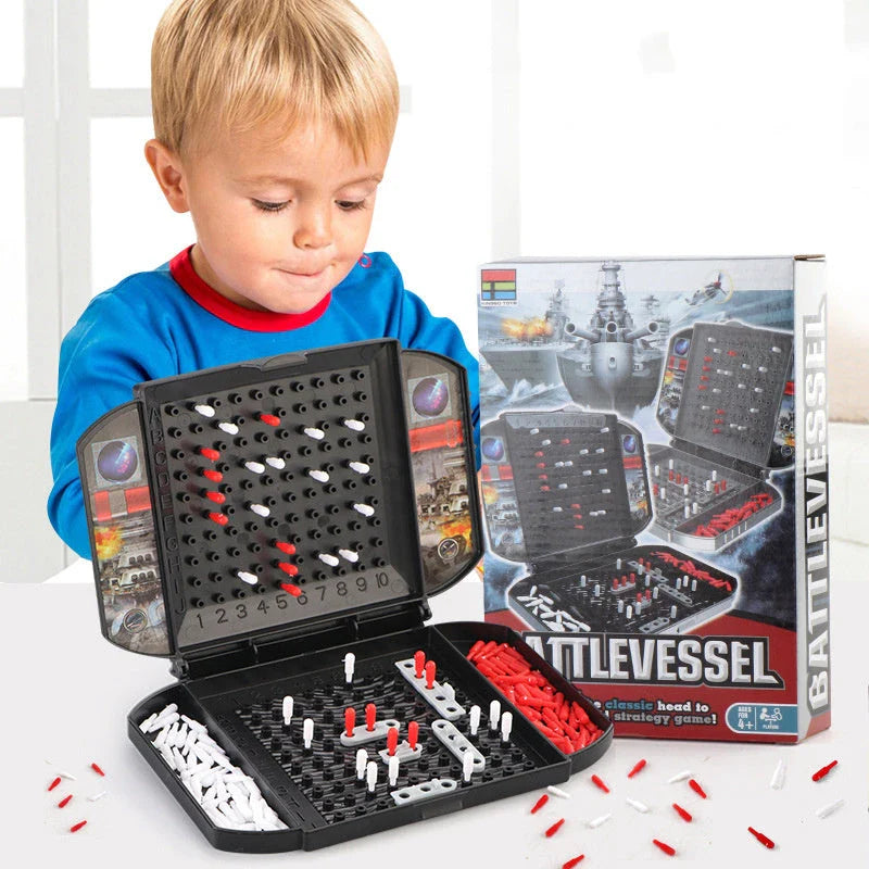 Two-player tabletop naval battle game with hidden ships, grid board, and coordinate calling gameplay