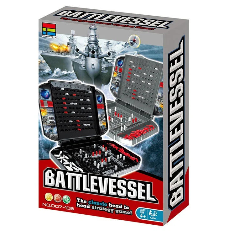Two-player tabletop naval battle game with hidden ships, grid board, and coordinate calling gameplay