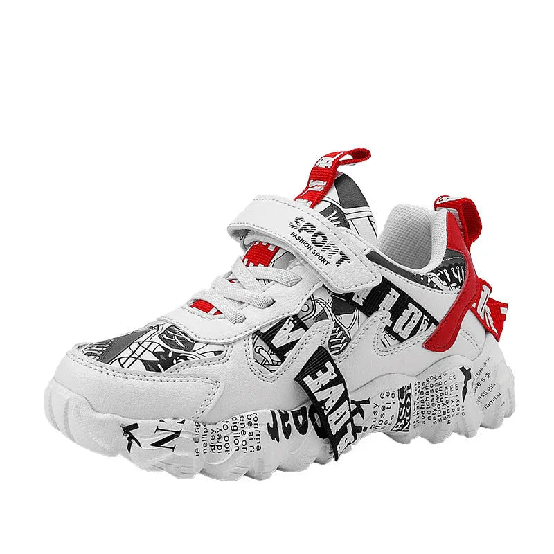 Children's spring sneakers with Velcro fastening in beige blue, white red, and bright red colour options