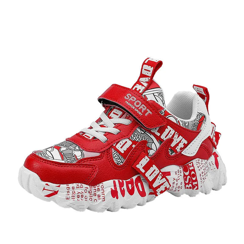 Children's spring sneakers with Velcro fastening in beige blue, white red, and bright red colour options
