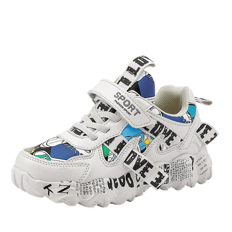Children's spring sneakers with Velcro fastening in beige blue, white red, and bright red colour options
