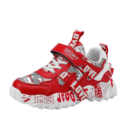 Children's spring sneakers with Velcro fastening in beige blue, white red, and bright red colour options
