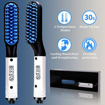 Premium hot hair straightening brush with dual temperature settings, ceramic teeth, and 360-degree swivel cord for men's beards and hair