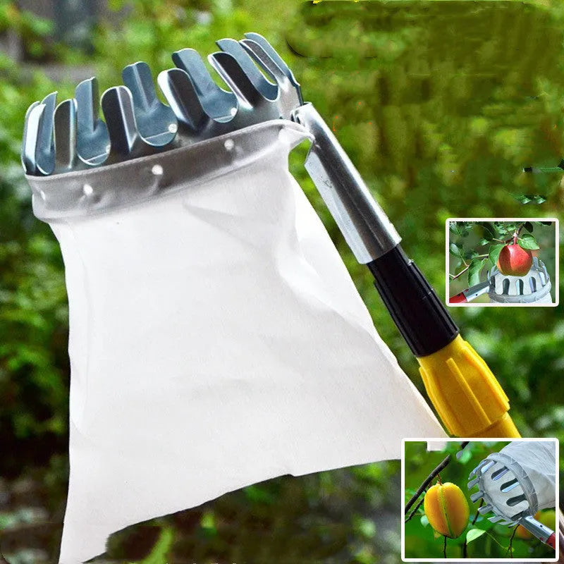 Steel-framed fruit picker with long pole and attached cloth catcher basket for garden use.
