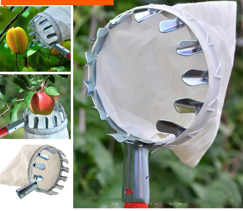 Steel-framed fruit picker with long pole and attached cloth catcher basket for garden use.