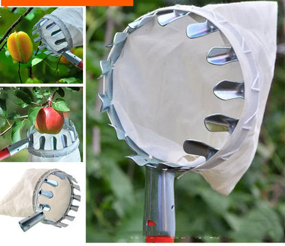Steel-framed fruit picker with long pole and attached cloth catcher basket for garden use.