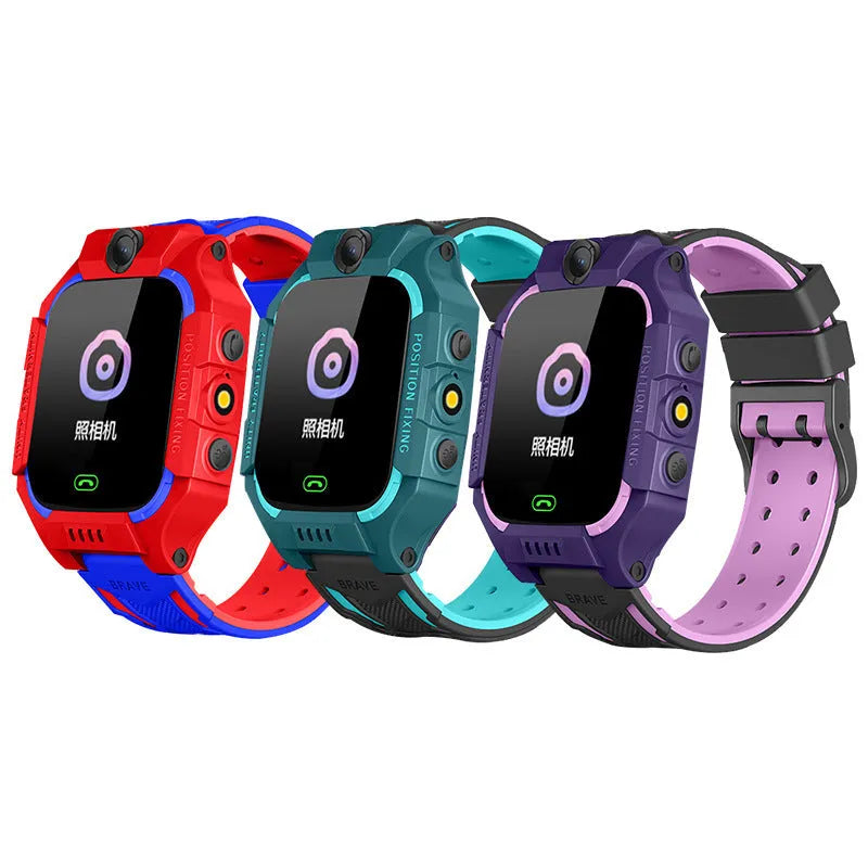 Z6 Q19 children's smart watch showing 1.44-inch touch screen on wrist, available in green, purple, and red colours
