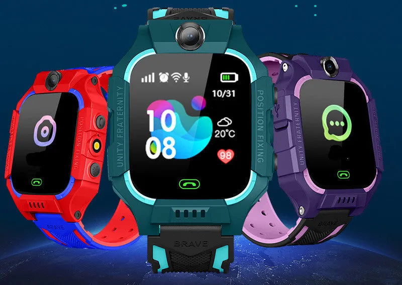 Z6 Q19 children's smart watch showing 1.44-inch touch screen on wrist, available in green, purple, and red colours