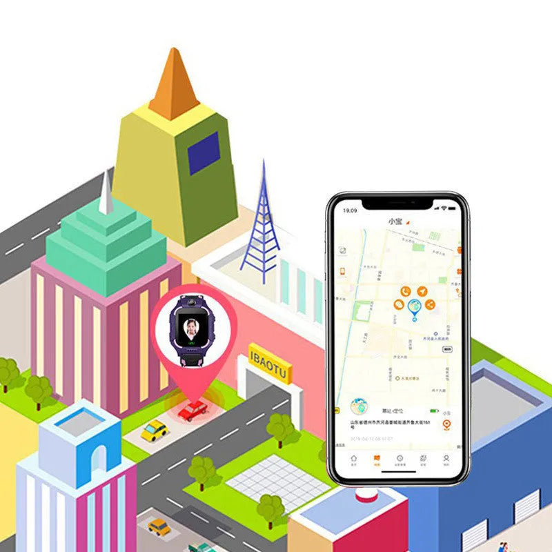 Z6 Q19 children's smart watch showing 1.44-inch touch screen on wrist, available in green, purple, and red colours