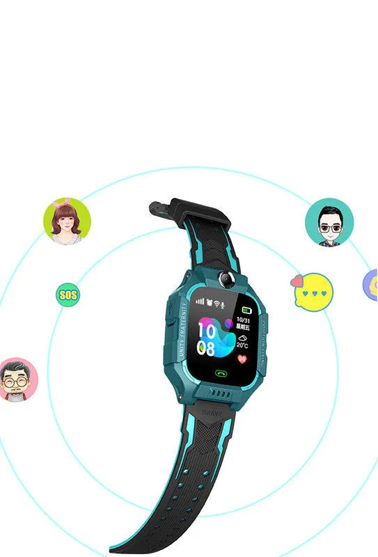 Z6 Q19 children's smart watch showing 1.44-inch touch screen on wrist, available in green, purple, and red colours