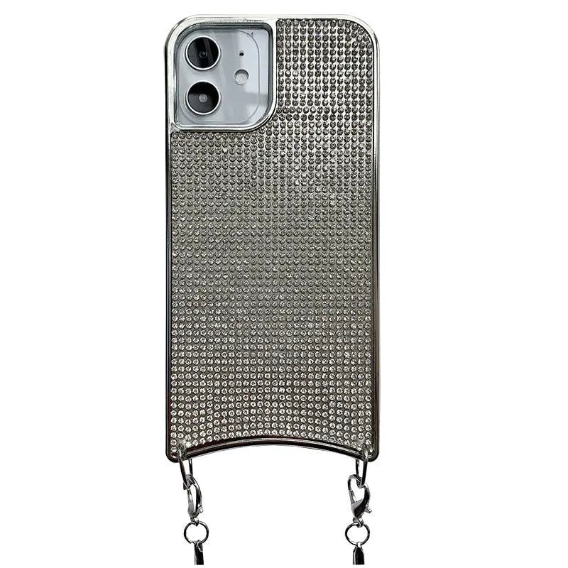 Glitter rhinestone TPU iPhone case with necklace lanyard strap in black, shown on an iPhone 12.
