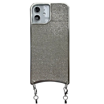 Glitter rhinestone TPU iPhone case with necklace lanyard strap in black, shown on an iPhone 12.