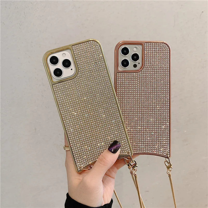 Glitter Rhinestone Phone Case with Necklace Lanyard Strap Cord Chain for iPhone 12 11 Pro XS Max XR X 7 8 Plus 6 6s 7 8 TPU Back Cover in Black Gold Rose Gold Silver