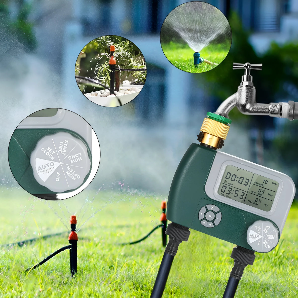 Green digital garden hose timer with large display shown connected to an outdoor tap.