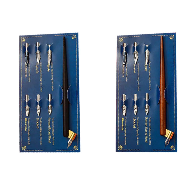 Calligraphy pen with straight and inclined comic dip pen design in wood and resin construction, cartridge with 6 replaceable stainless steel nibs, dip fountain pen ink system for sketching, drawing and lettering, available in black or brown colour options