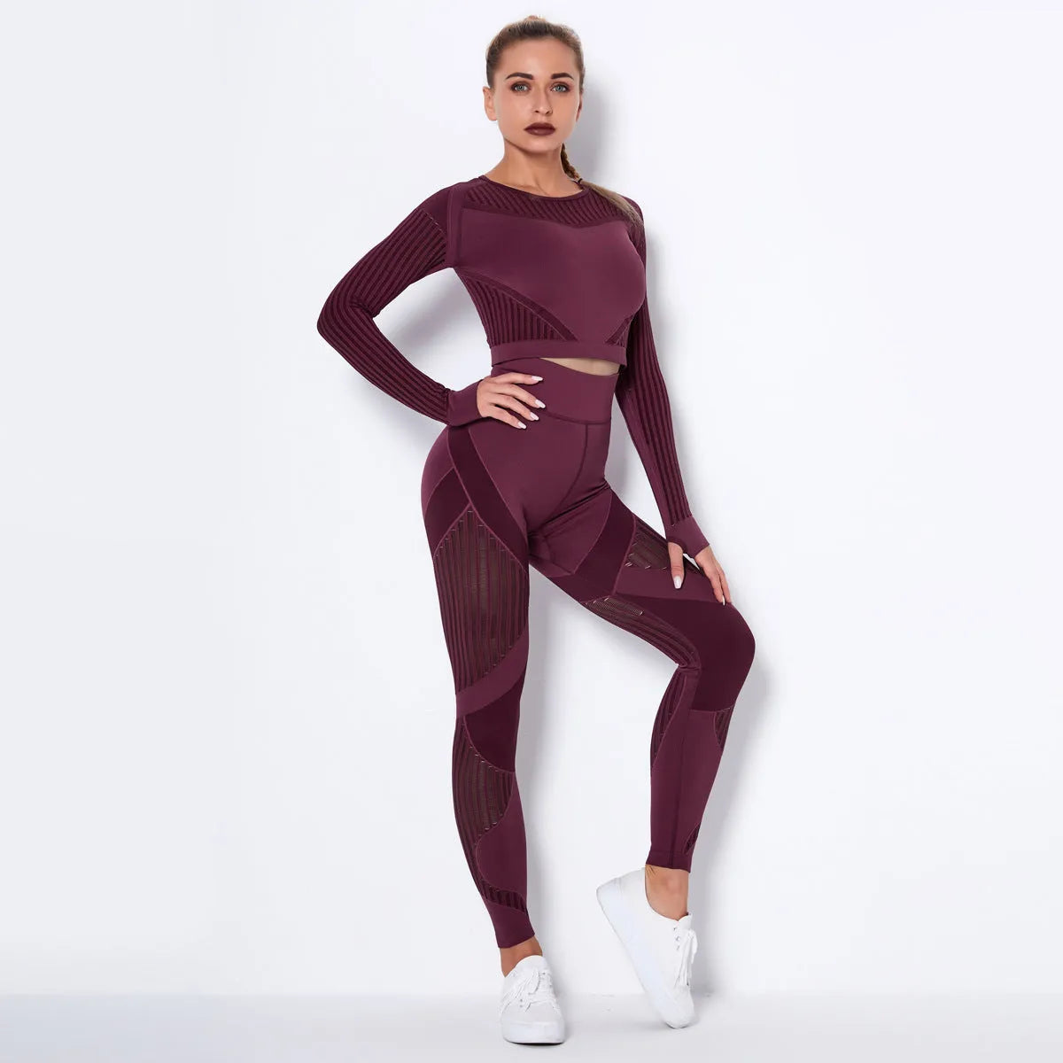 Seamless knitted yoga wearsuit for women in long-sleeved design with stripe pattern