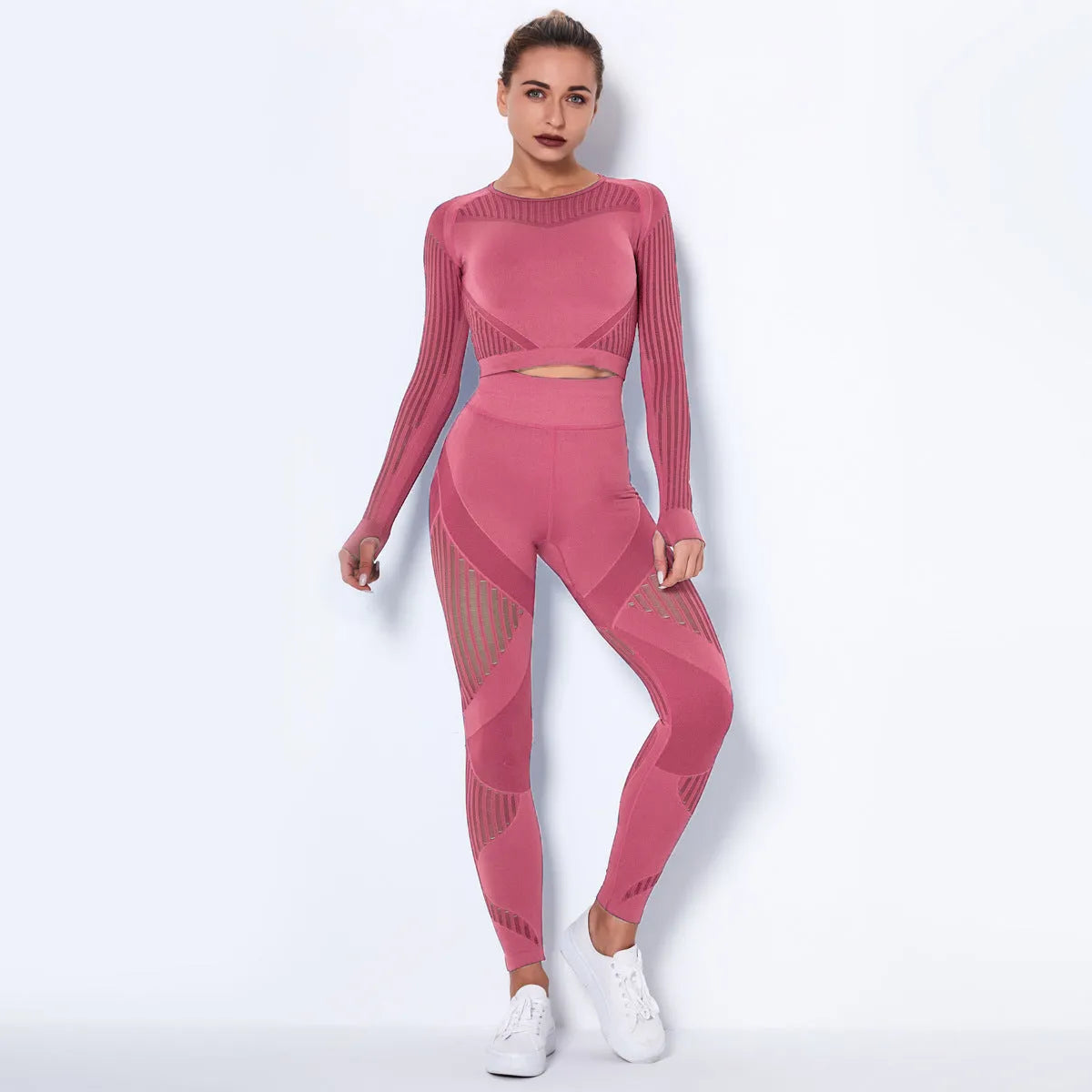 Seamless knitted yoga wearsuit for women in long-sleeved design with stripe pattern