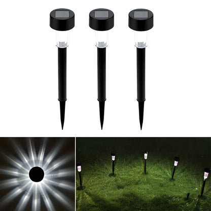Solar lawn light with LED illumination in garden setting, measuring 55mm by 55mm by 350mm