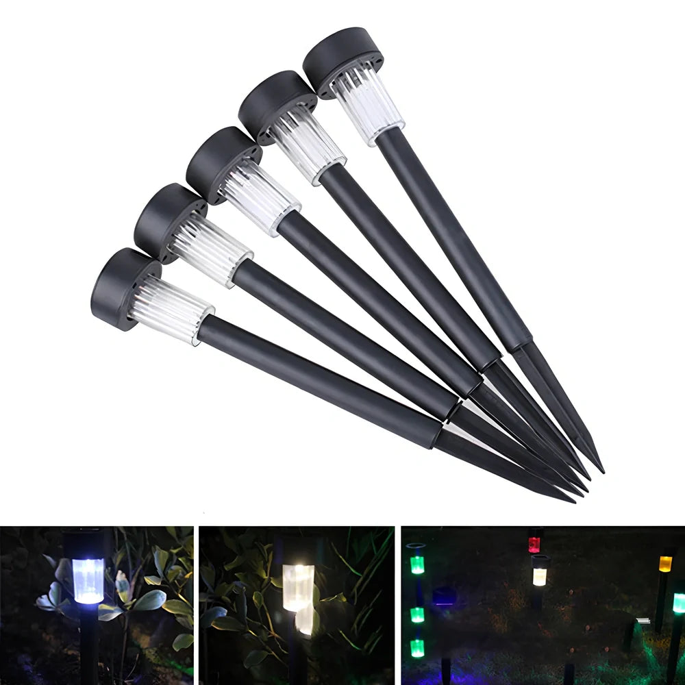 Solar lawn light with LED illumination in garden setting, measuring 55mm by 55mm by 350mm