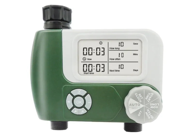 Green digital garden hose timer with large display shown connected to an outdoor tap.