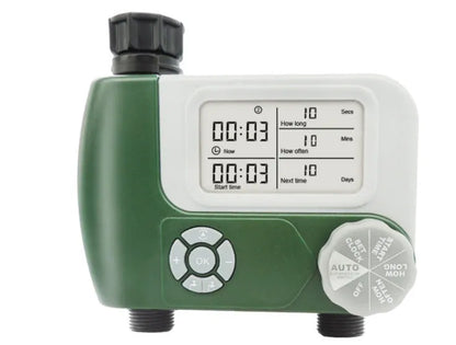 Green digital garden hose timer with large display shown connected to an outdoor tap.